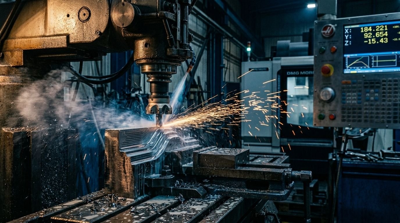 Centro de mecanizado CNC cortando acero, chispas saltando