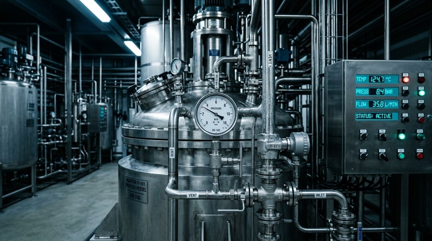 Reactor quimico de acero inoxidable con valvulas y manometros